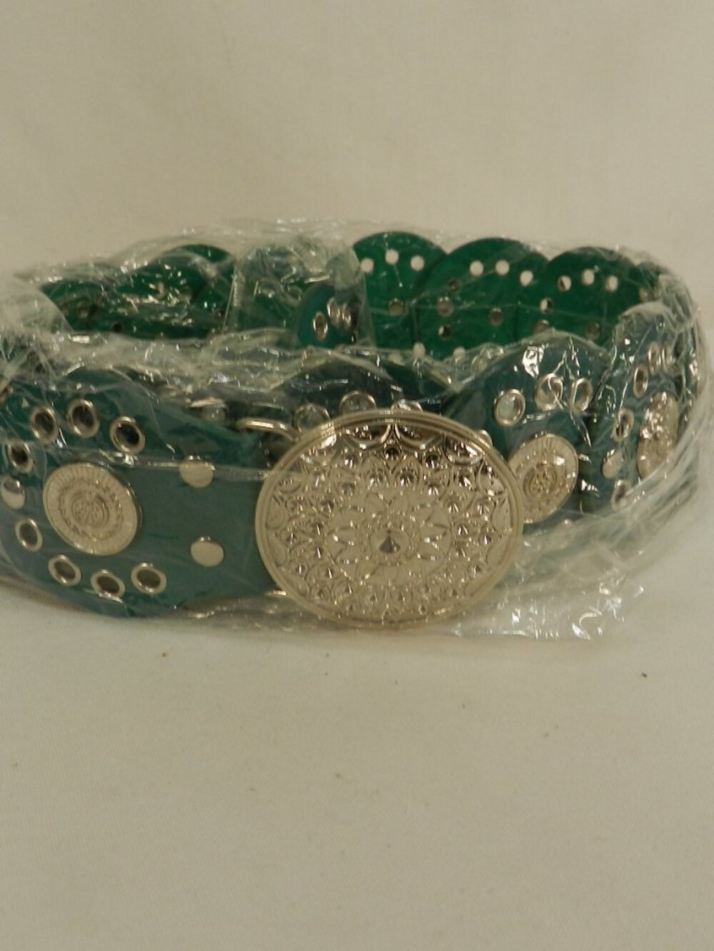 WHIPPY Women Disc Concho Leather Belt Western Wide Belt Turquoise Size XL NEW